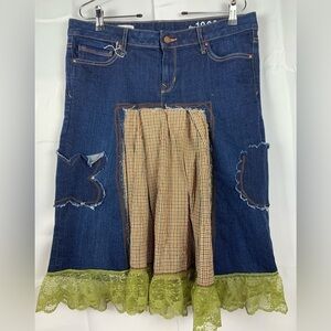 Gap 1969 Denim Womens Lagelook Skirt Size 14 patch work pockets Laced Hem